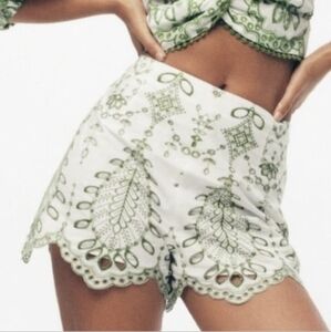 Zara White and Green Embroidered Shorts